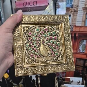 Ornate Gold Peacock Compact with Pink & Green Accents
